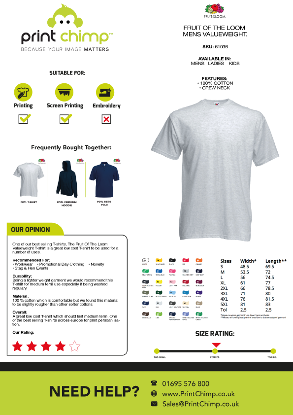 Print Chimp Printed T shirts Fruit Of The Loom Valueweight T